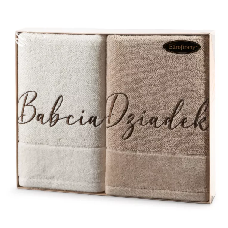 Zestaw ręczników bawełnianych  na prezent 2 szt. 50x90 cm kolor kremowo, beżowy z haftem BABCIA DZIADEK