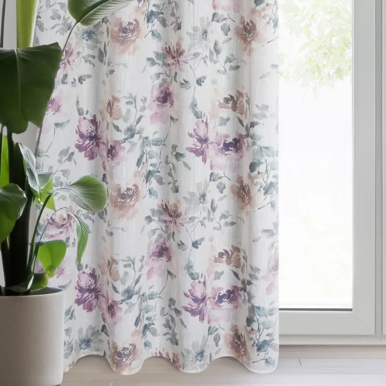 Zasłona LETA z tkaniny z dodatkiem lnu z barwnym kwiatowym motywem