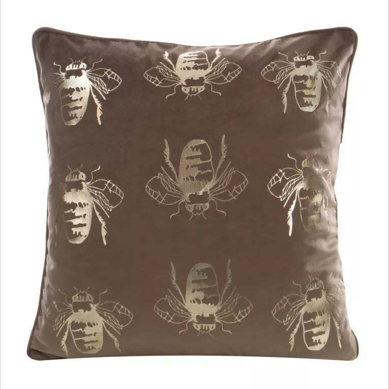 Poszewka na poduszkę 45x45 cm welwetowa, ciemnobeżowo złocista z motywem pszczół BILNK