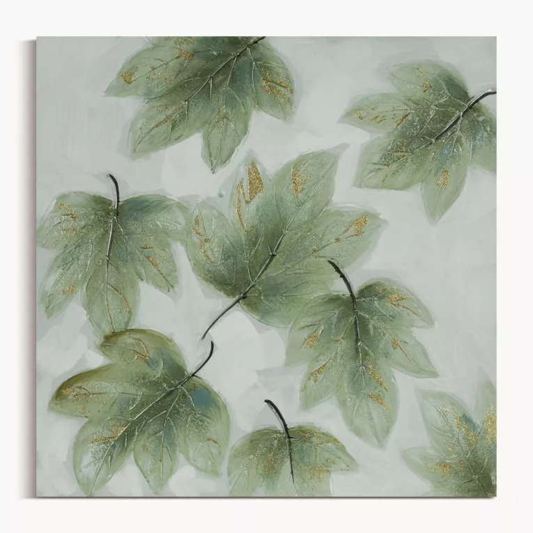 Obraz LIŚCIE ręcznie malowany na płótnie  z akcentami złotego brokatu