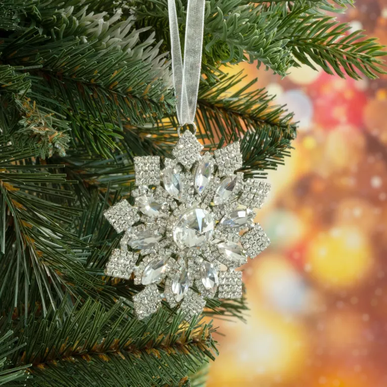 Ozdoba choinkowa gwiazda z dodatkiem błyszczących kryształów na dekoracyjnej wstążeczce