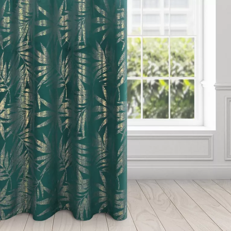 Zasłona turkusowa ze złotym nadrukiem liści z miękkiego welwetu 140x250 cm ELENA