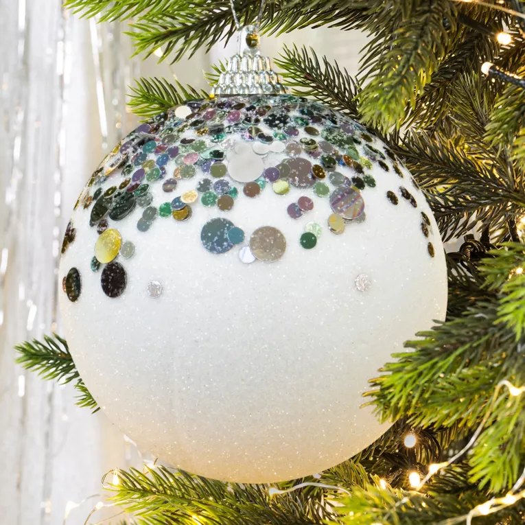 Bombka choinkowa z efektem szronu i aplikacją z tęczowych cekinów