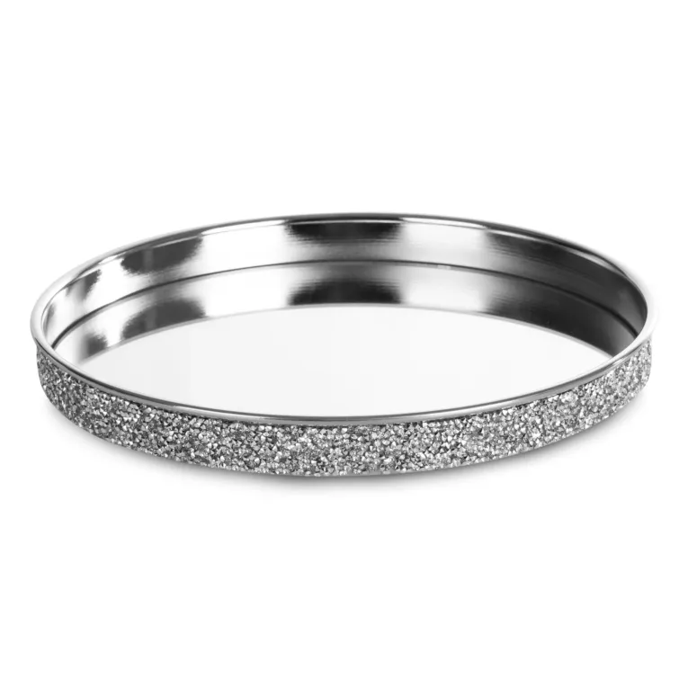 Okrągła taca dekoracyjna ENDI z lustrzanym blatem i błyszczącym obrzeżem z metalu, srebrna