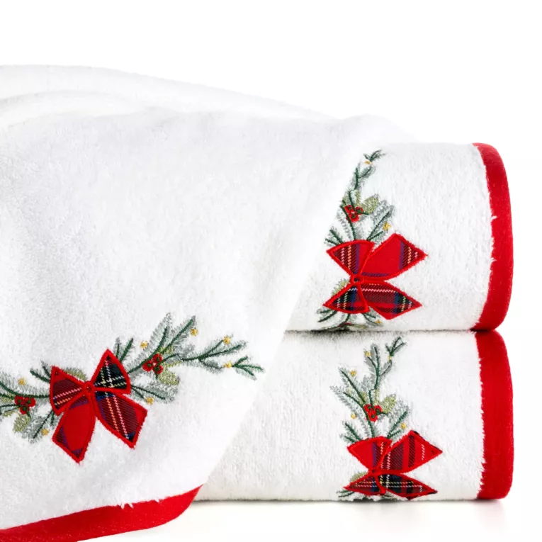 Ręcznik kąpielowy świąteczny 70x140 cm bawełniany kolor biały, czerwony zdobiona haftowaną kokardką 480 g/m2 BLISS