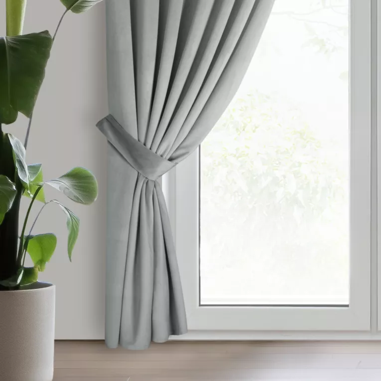 Zasłona welwetowa jasnoszara, troczek w zestawie140x300 cm taśma - ANTARA