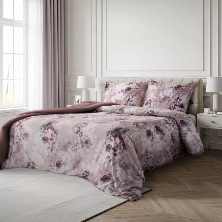 Pościel 220x200 cm z makosatyny bawełnianej kolor pudrowy, fioletowy z motywem kwiatów REINA 51 - kolekcja AMAROSA