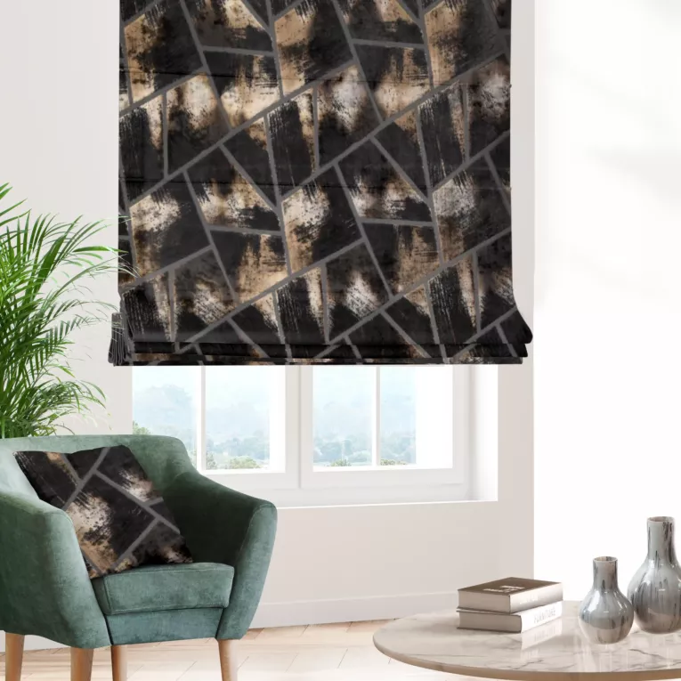 Roleta rzymska grafitowo miedziana z tkaniny welwetowej w geometryczny wzór