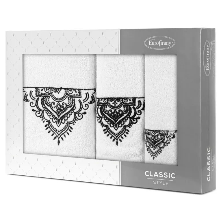 Zestaw ręczników bawełnianych na prezent 3 szt kolor biały, srebrny z haftem 400 g/m2 LAURA