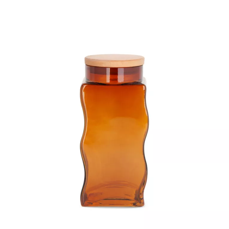 Pojemnik KELSI z barwionego szkła artystycznego z drewnianą pokrywką, miodowy