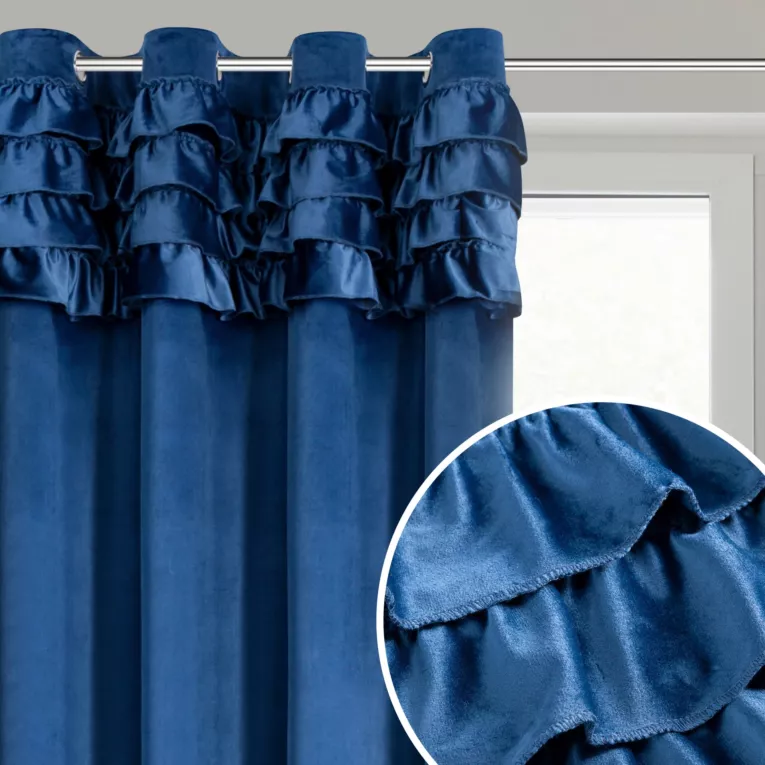 Zasłona welwetowa granatowa zdobiona falbanami 140x250 cm przelotka - ERIN