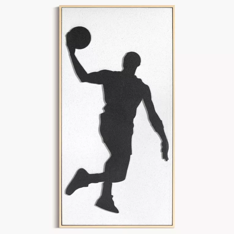 Obraz kremowo, czarny ręcznie malowany na płótnie z motywem koszykarza oprawiony w ramę 42x82 cm