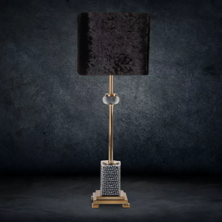 Lampa stołowa do salonu czarno, złota NELI z podstawą z żywicy poliestrowej wykończona welwetowym abażurem