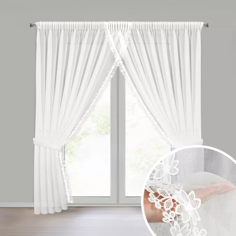 Firana biała z etaminy zdobiona ażurową koronką 400x250 cm troczek w zestawie, taśma - ARTEMIDA