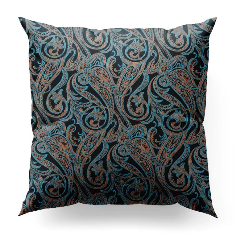 Poszewka szyta turkusowo miedziana z miękkiej w dotyku tkaniny, z fantazyjnym wzorem ornamentowym