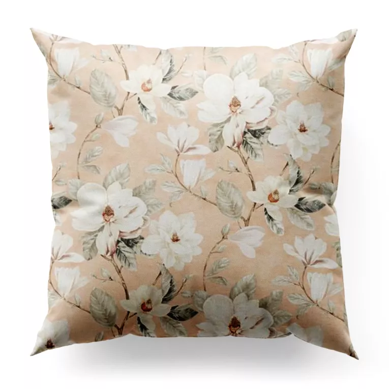 Poszewka szyta pudrowo różowo kremowa z tkaniny o płóciennym splocie z nadrukiem w magnolie