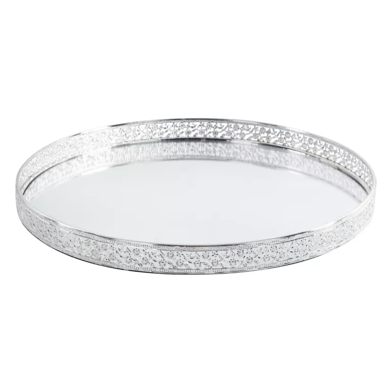 Okrągła taca dekoracyjna RIKI z lustrzanym blatem i ażurowym obrzeżem z metalu, srebrna