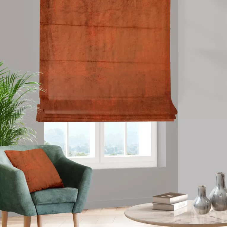 Roleta rzymska miedziana z welwetowej, miękkiej tkaniny, z połyskującym nadrukiem