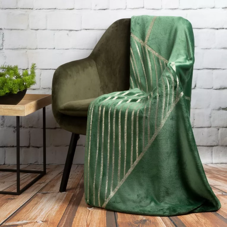 Koc flano 150x200 cm ciemnozielony z błyszczącym nadrukiem z motywem geometrycznym GINKO 4 Eurofirany Premium