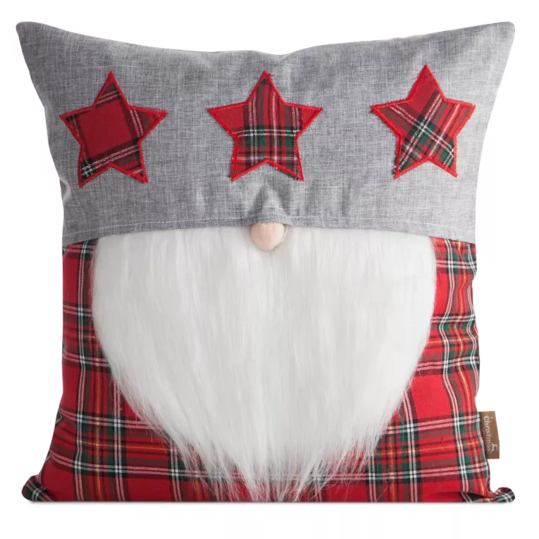 Poszewka na poduszkę świąteczna 45x45 cm czerwono, srebrna zdobiona aplikacja skrzata