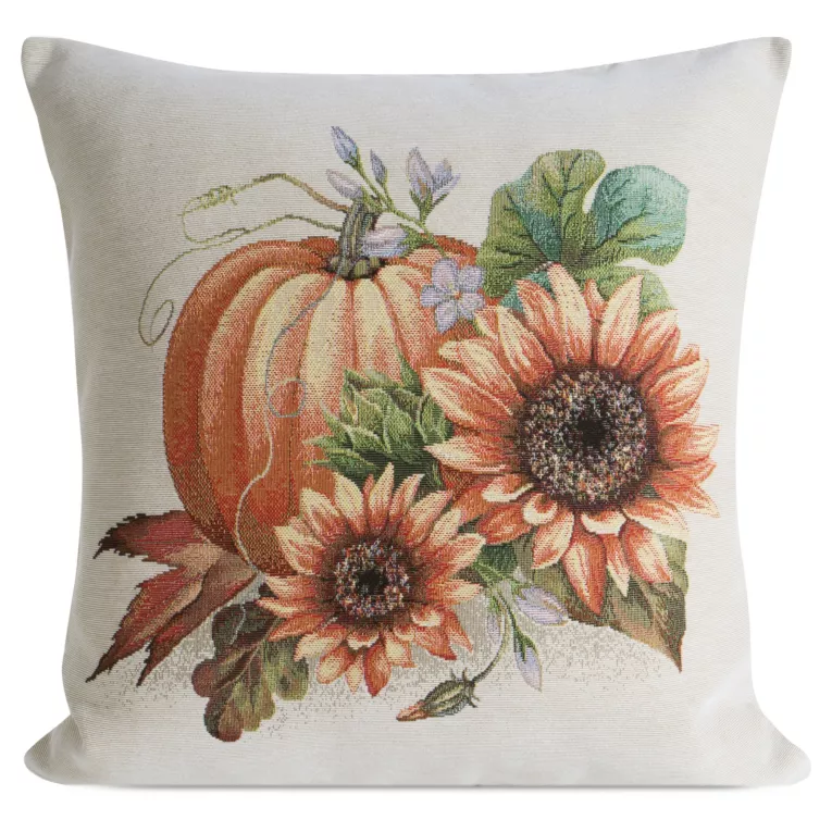 Poszewka na poduszkę 45x45 cm gobelinowa kolor naturalny, pomarańczowy z motywem słoneczników i dyń GOB