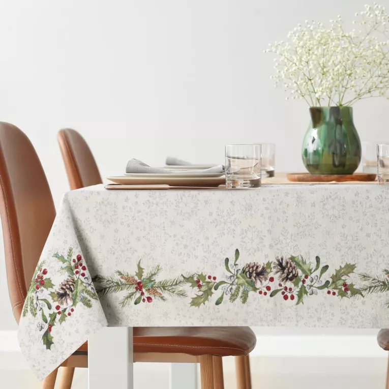 Obrus popielato, czerwony 140x180 cm gobelinowy utkany z miękkiej nici szenilowej zdobiony motywem świątecznym