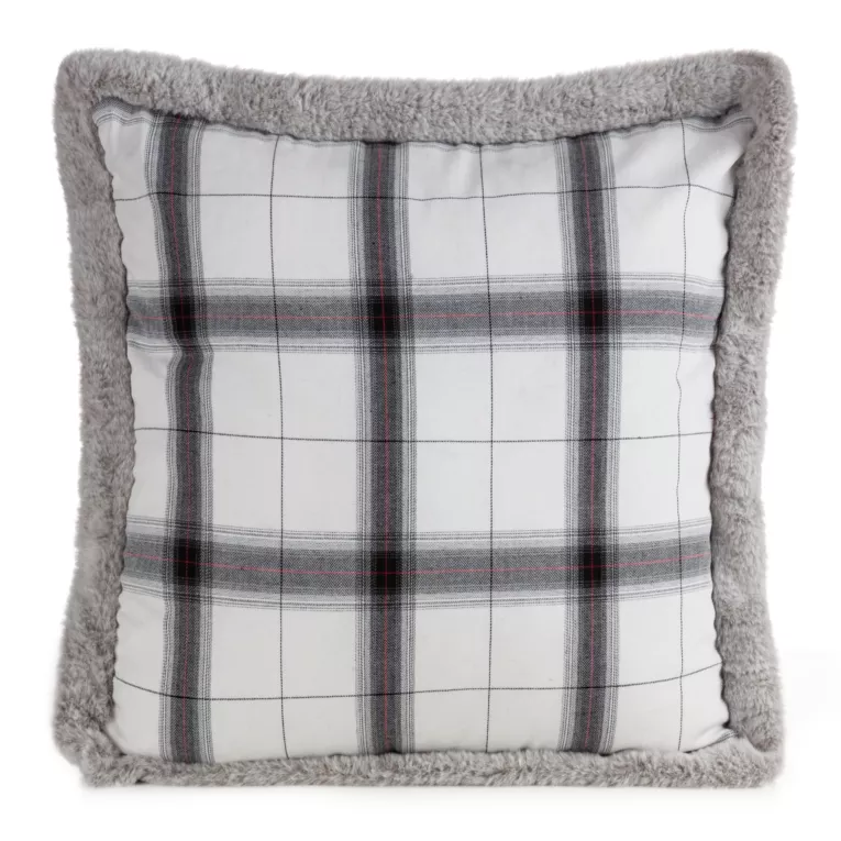 Poszewka na poduszkę 45x45 cm bawełniana, biało stalowa w kratkę z bokami obszytymi futerkiem