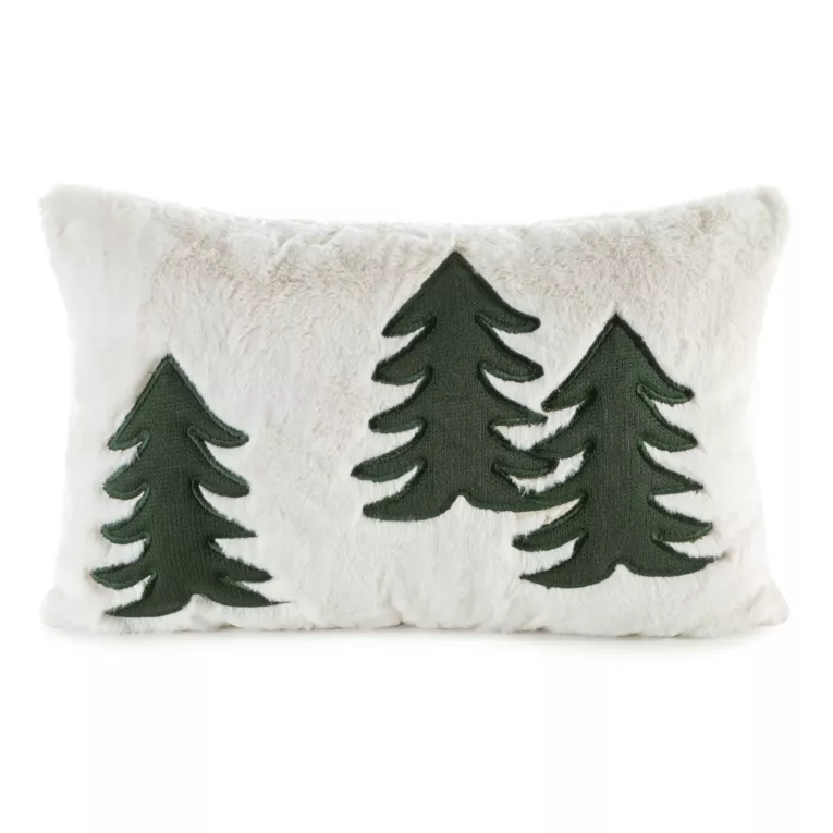 Poszewka na poduszkę 30x50 cm świąteczna z futerka kremowo zielona zdobiona aplikacją w choinki FELIKS3
