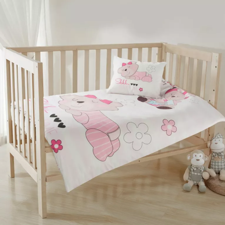 Pościel dziecięca dla dziewczynki 100x135 cm bawełniana kolor biały, różowy z misiem KIDS