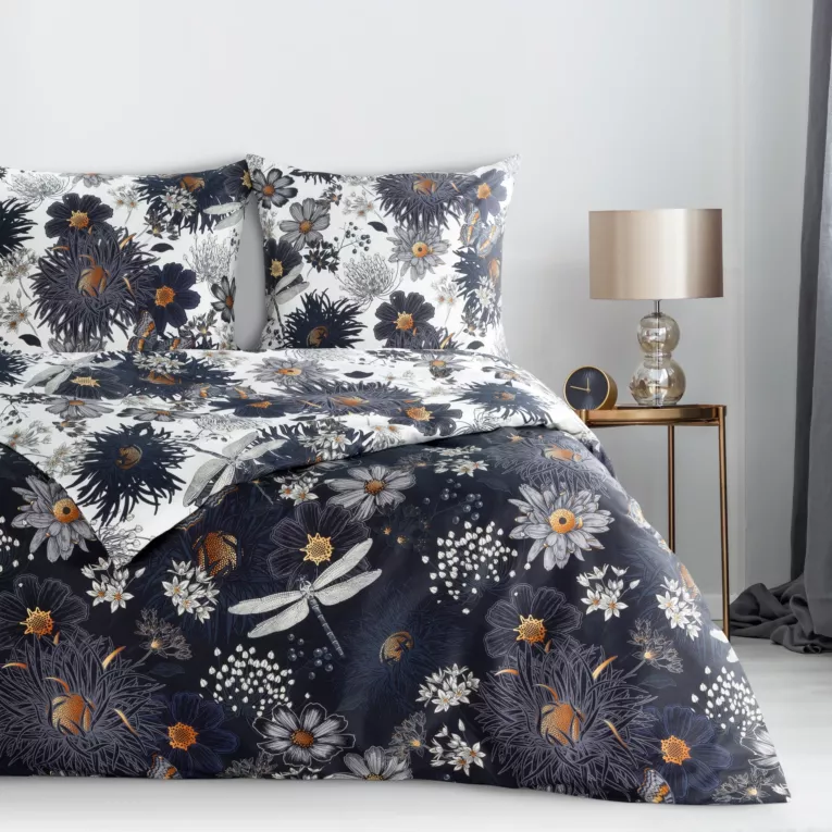 Pościel 220x200 cm bawełniana kolor ciemnogranatowy, biały dwustronna z wzorem kwiatowym NIKA 55