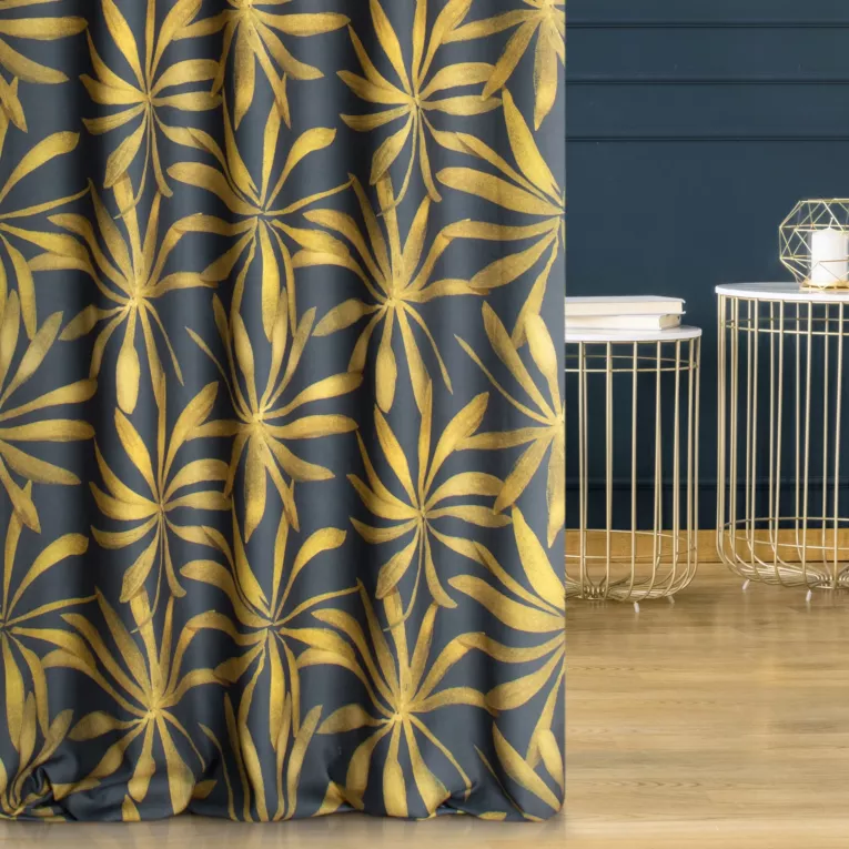 Zasłona szyta na taśmie 5 cm grafitowo musztardowa z tkaniny o naturalnym splocie z botanicznym wzorem