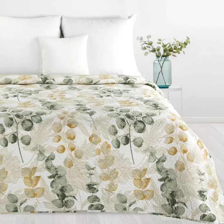 Narzuta biało, beżowa 170x210 cm z nadrukiem malowanych pędzlem liści FLOWER 4 Design 91