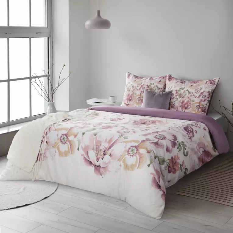 Pościel 220x200 cm bawełniana kolor biały, fioletowy wzór kwiatowy styl romantyczny SPRING 27