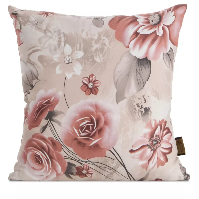 Poszewka na poduszkę 40x40 cm z satyny bawełnianej kolor pudrowo różowy, beżowy zdobiona nadrukiem kwiatów SPRING 42