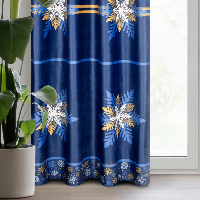 Zasłona welwetowa granatowo, złota zdobiona nadrukiem śnieżynek 140x250 cm przelotka - CAROL
