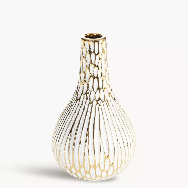 Wazon ceramiczny biało, złoty o ozdobnej fakturze 12x20 cm ANDREA