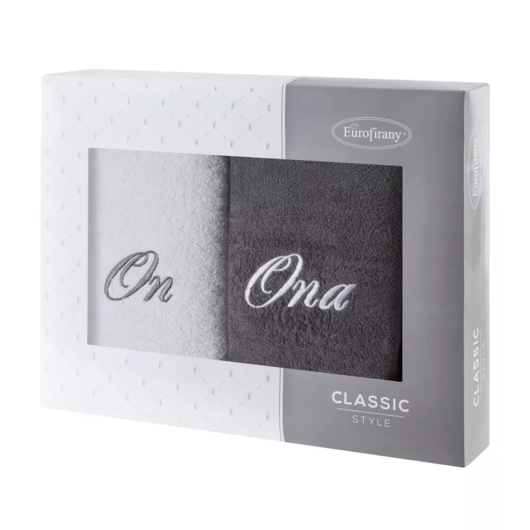 Zestaw upominkowy 2 szt ręczników 50X90 cm  z haftem ONA i ON w kartonowym opakowaniu na prezent