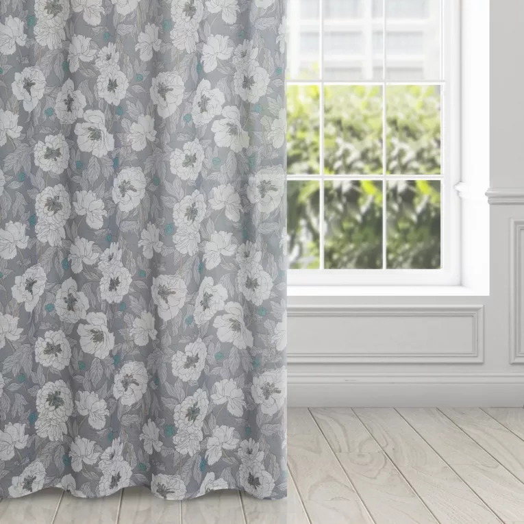 Zasłona popielato, biała w kwiaty o płóciennym splocie 140x250 przelotka - FABIA