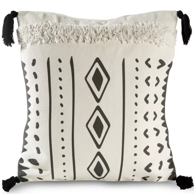 Poszewka na poduszkę 45x45 cm kremowo, stalowa z ozdobnymi pomponami z geometrycznym nadrukiem BOHO