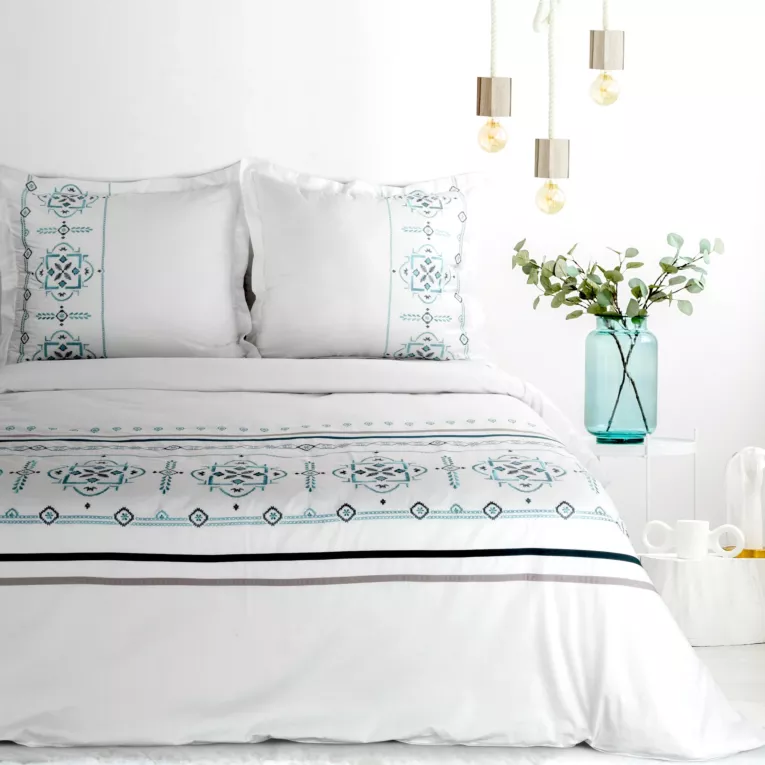 Pościel 160x200 cm bawełniana kolor biały, niebieski z haftowanym wzorem greckim Eurofirany Premium