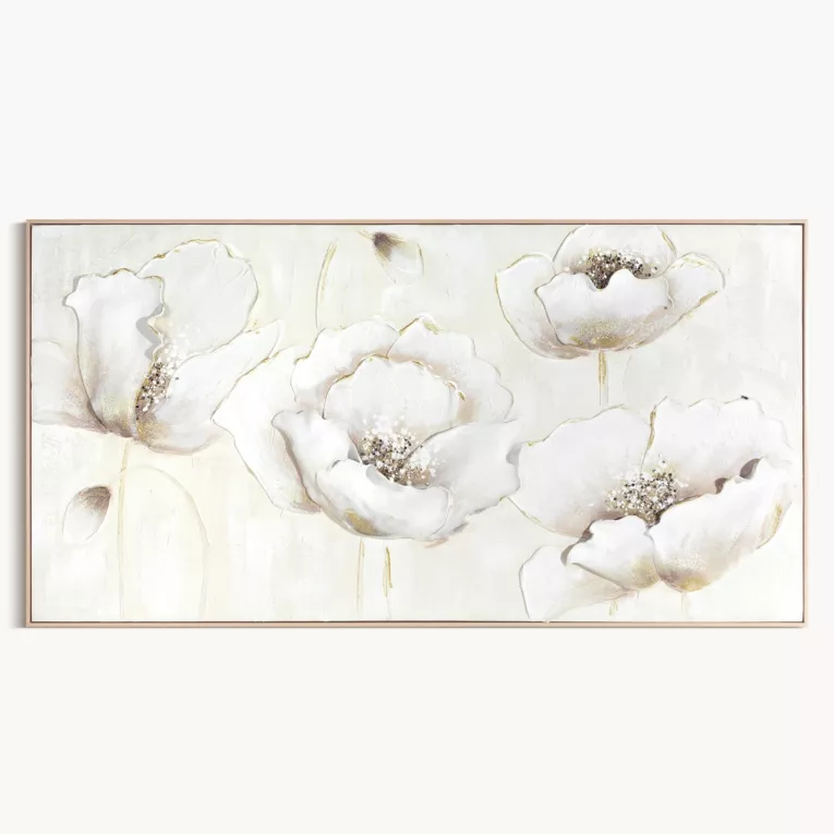 Obraz kremowo, złoty ręcznie malowany z kwiatowym motywem oprawiony w ramę 72x142 cm