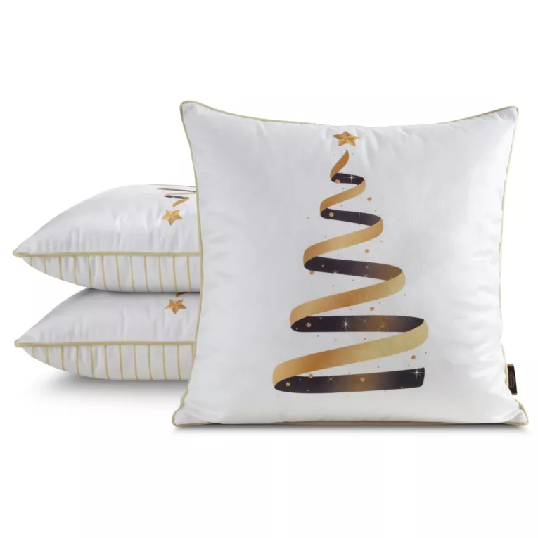 Poszewka na poduszkę świąteczna 45x45 cm welwetowa biało, złota zdobiona nadrukiem i ozdobną wypustką