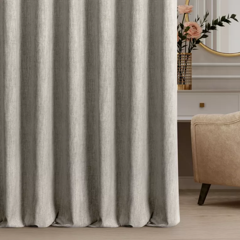 Zasłona szyta na flexach beżowa z tkaniny o naturalnym splocie z efektem melanżu