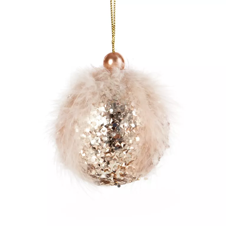 Bombka choinkowa zdobiona puszystymi piórami
