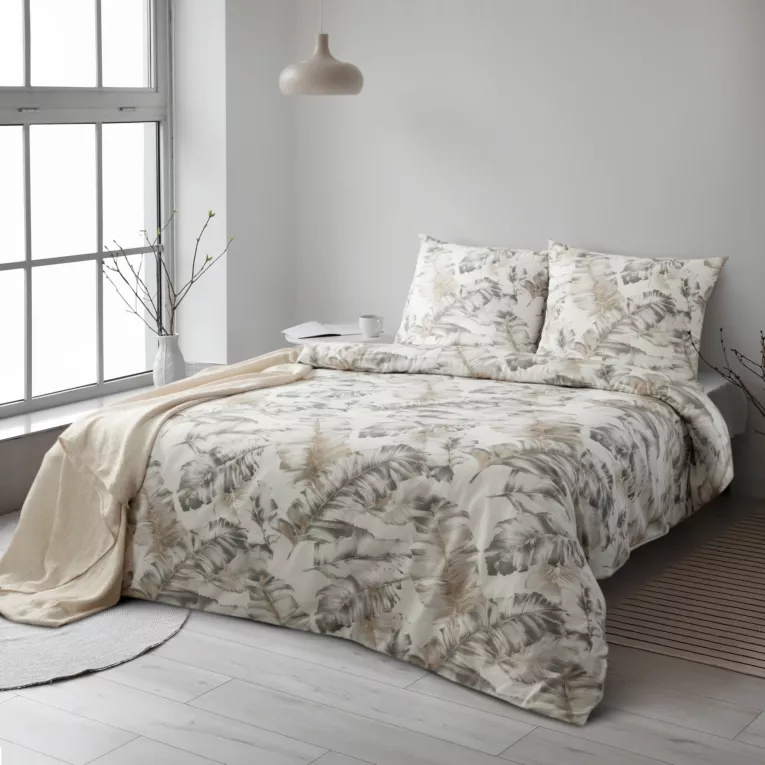 Pościel 220x200 cm bawełniana kolor biało, stalowy z nadrukiem liści LAYLA