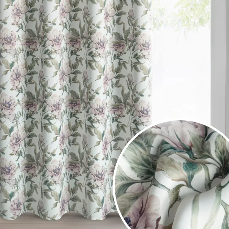 Zasłona biało, zielona welwetowa z motywem kwiatów 140x250 cm przelotka - BEVERLY