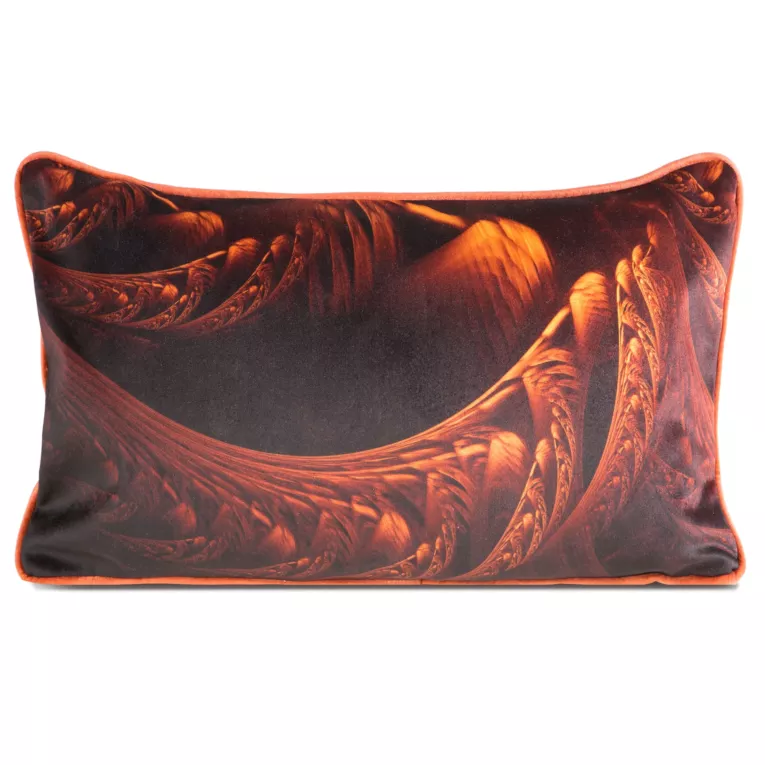 Poduszka 30x60 cm welwetowa, brązowo pomarańczowa z designerskim nadrukiem i ozdobną wypustką SIMONA Eva Minge