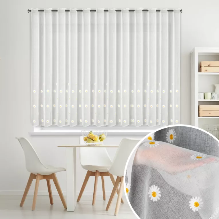 Firana biała z etaminy zdobiona haftem stokrotek 350x145 cm tunel - BELLIS