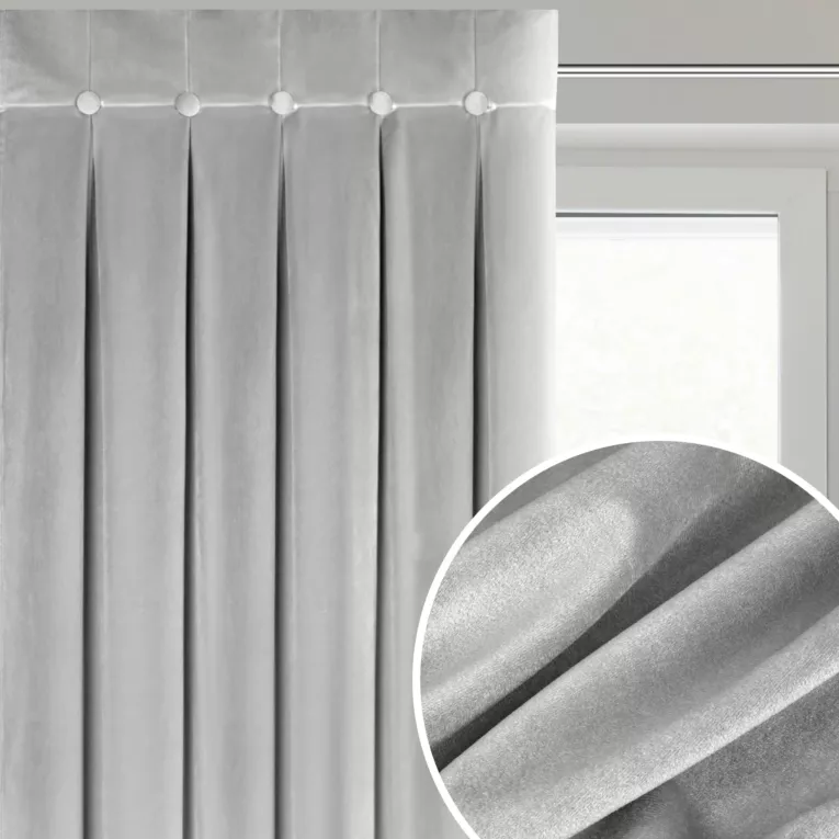 Zasłona srebrna z welwetowej tkaniny zdobiona głębokimi fałdami i guzikami 85x250 cm (wymiar podany na gotowo) szelki - ALITA