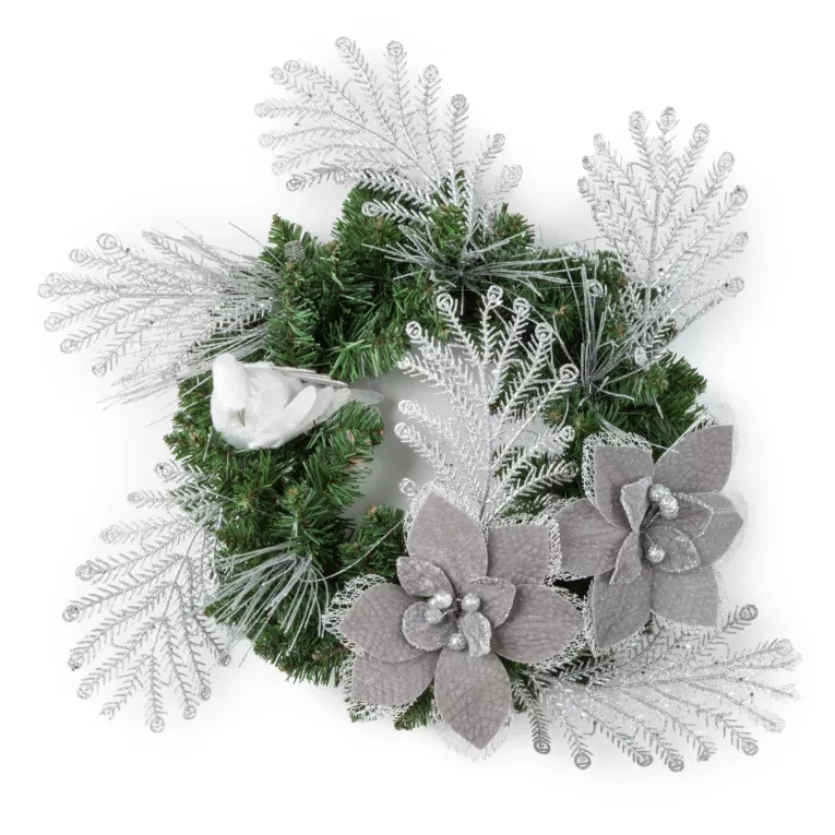 Wianek świąteczny ręcznie dekorowany SREBRZYSTA MAGIA ZIMY